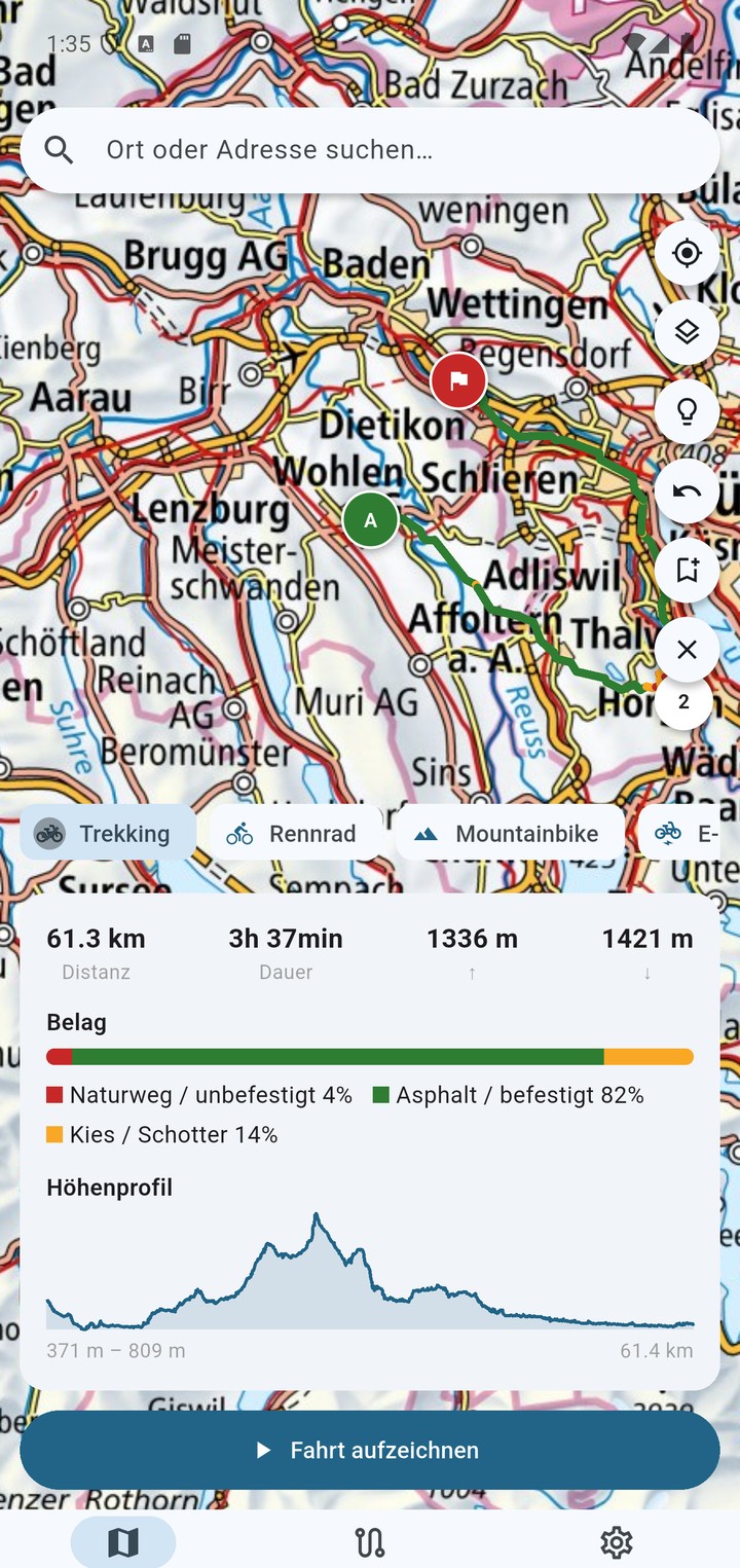 Routenplanung in VeloSwiss: 66 km, 3h 51min, 2645 m Aufstieg, Belag-Aufteilung und Höhenprofil
